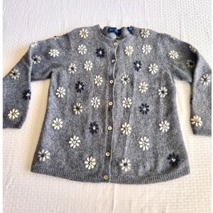 Karen Scott II Blue Floral Embroidered Pure Wool Cardigan Sweater Womens 2X